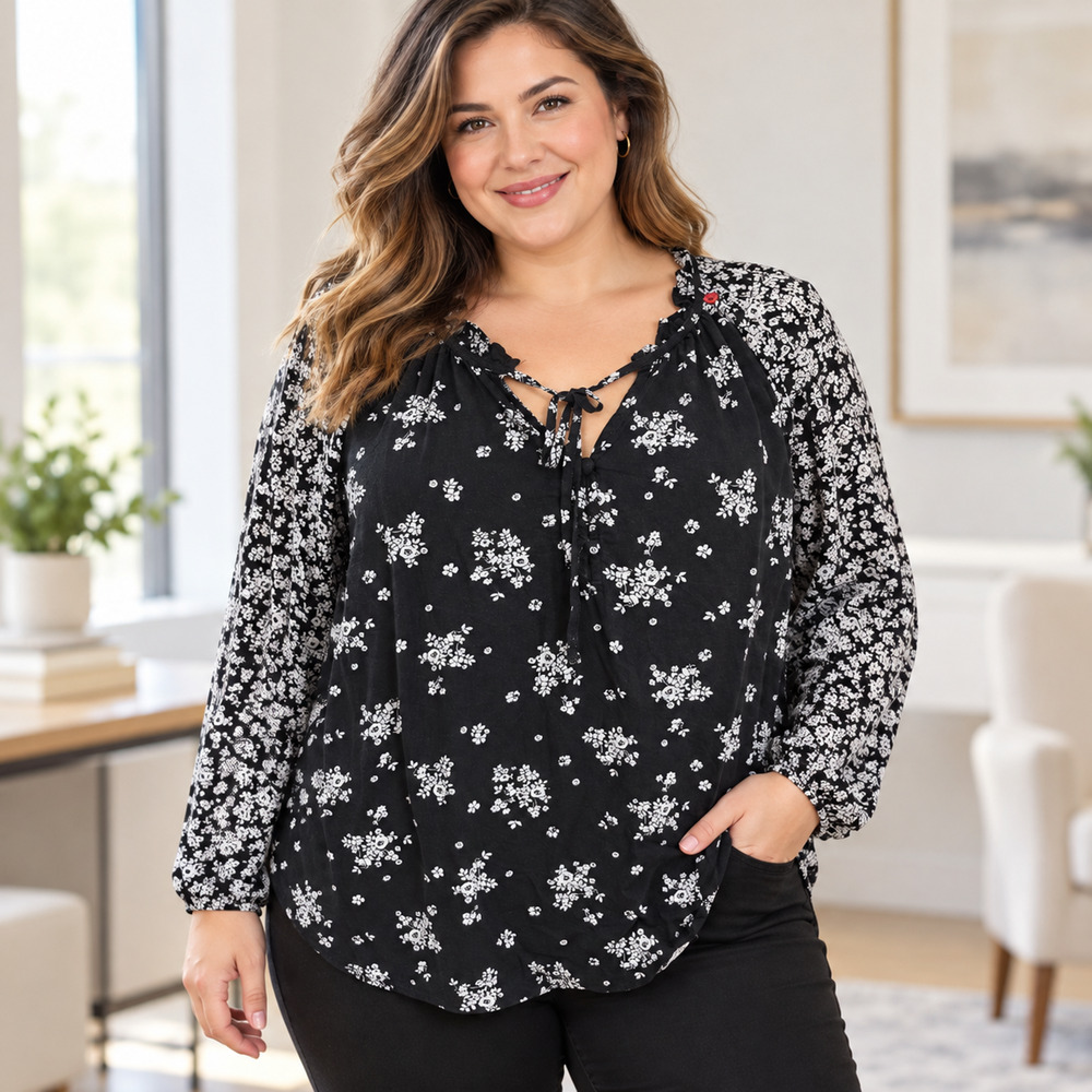 Torrid Women’s Size L Black White Floral Ruffles Tie Neck Long Sleeve Blouse Mom